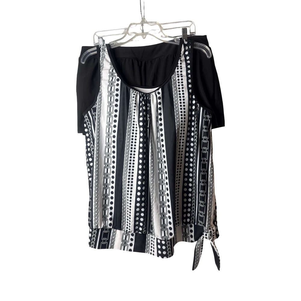Black White Chain Print Blouson Tankini Set with Swim Shorts XXL